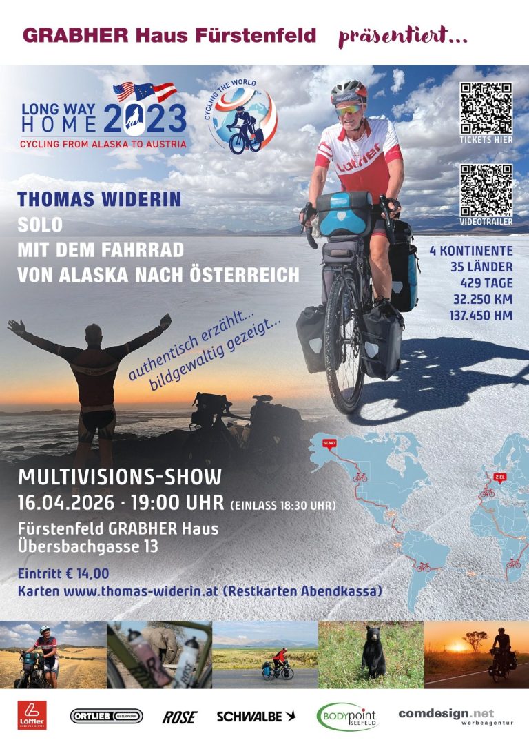Thomas Widen mit dem Fahrrad auf einer Reise von Alaska nach Österreich, Eventankündigung.