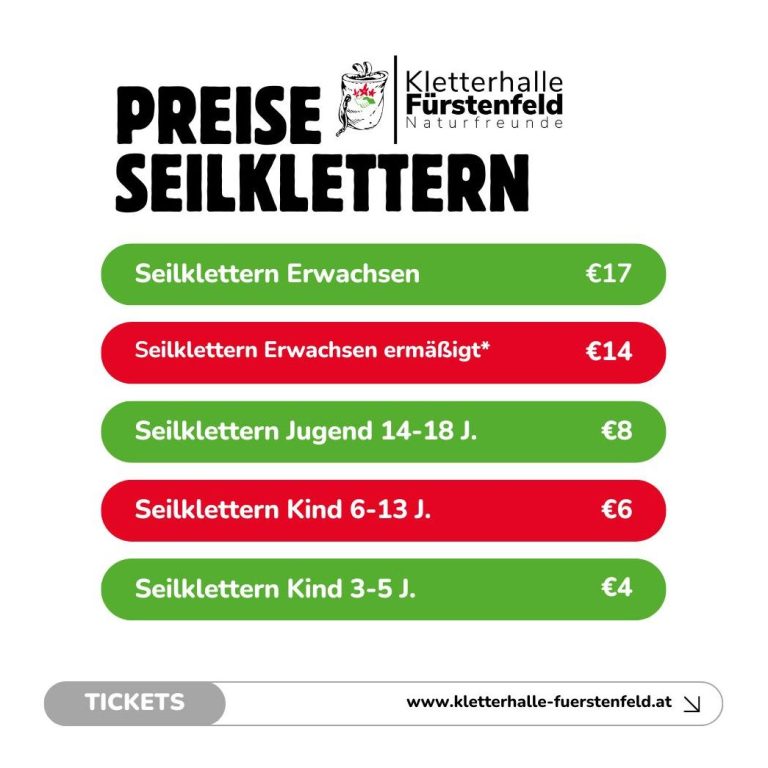 Preise für Seilkettern im Kletterhall Fürstenfeld, Erwachsene, Jugend und Kinder aufgeführt.