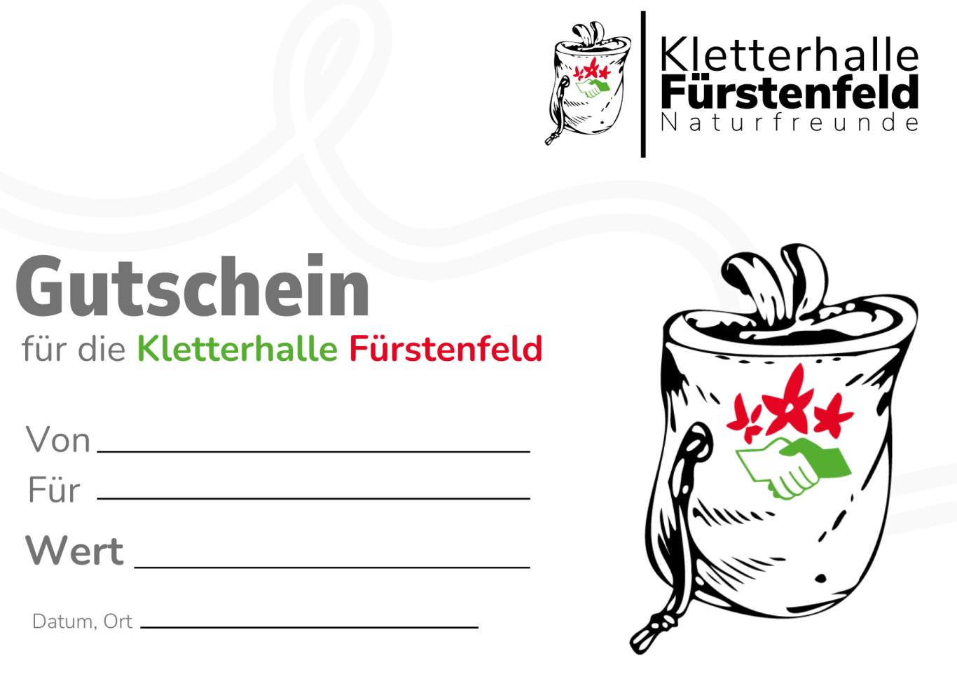 Gutschein für die Kletterhalle Fürstenfeld mit Platz für Absender, Empfänger und Wert.