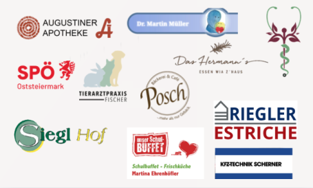 Sponsoren der Hüpfburg der Naturfreunde Fürstenfeld Logos verschiedener Unternehmen und Einrichtungen, darunter eine Apotheke und ein Restaurant.