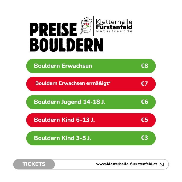 Preisliste für Bouldern in Fürstenfeld: Erwachsene, Jugendliche und Kinder.